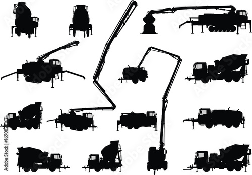 Concrete mixer and pump truck silhouettes, construction vehicles, cement delivery trucks, industrial machines, black vector illustrations, heavy equipment fleet, infrastructure transport