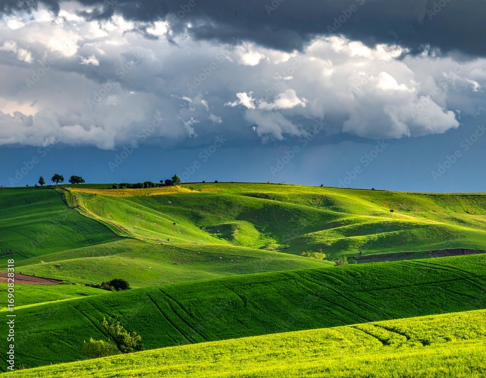 Fototapeta premium Crystal-clear river flowing through mossy rocks in a green valley.