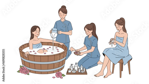 Elegant women in traditional attire enjoying a luxurious spa treatment with a relaxing bath and massage in a serene setting