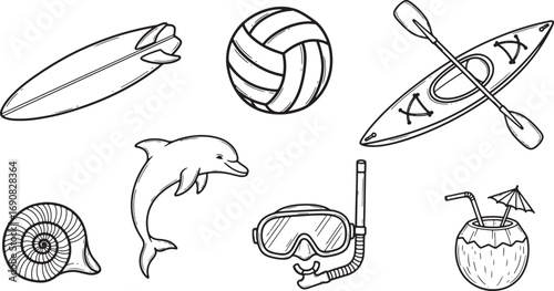 Coastal Recreation Black and White Line Art of Beach Activities and Sea Life