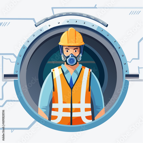 Industrial worker in full protective gear with a hard hat and respirator mask, looking out from a confined space hatch. Workplace safety concept