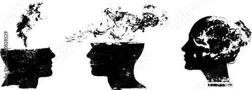 Abstract grunge black and white silhouette heads with smoke elements for urban design