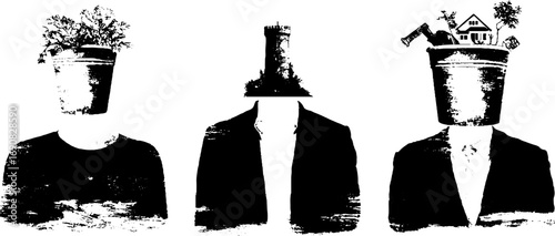Surreal black and white grunge faces with tower and plants - urban art design for posters