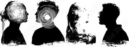 Grunge black and white silhouette head collection for artistic design and print projects