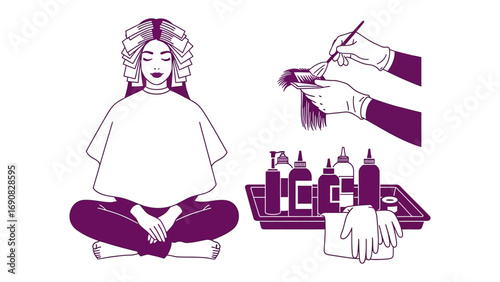 Illustration of a woman meditating with her hair styled alongside a close up of hands applying hair dye and a tray of bottles representing self care and beauty treatments