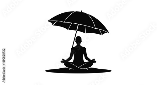 Silhouette of person meditating peacefully under an umbrella, seeking calm and protection.