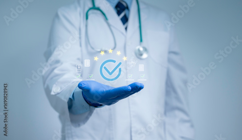 Doctor wearing white coat and gloves showing digital certification badge with check mark icon representing healthcare quality assurance medical standards approval and trusted professional service