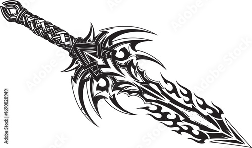 Intricate black and white illustration of a fantasy sword, adorned with sharp tribal patterns and a detailed handle, evoking power and ancient mystique
