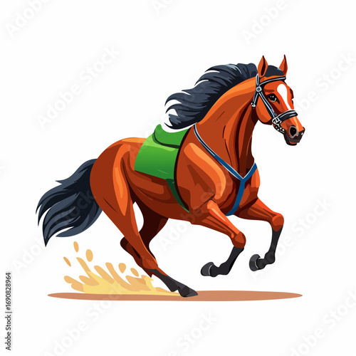 Vibrant illustration of a majestic brown horse galloping with speed and grace, representing the dynamic spirit of equestrian sports and freedom in motion