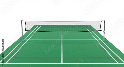 Clean green badminton court awaits players under bright studio lighting. AI Generated