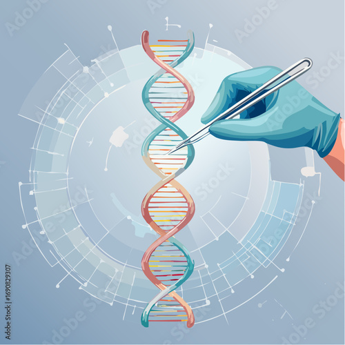 Scientific illustration of futuristic gene editing, with a gloved hand using tweezers to manipulate a DNA double helix, representing biotechnology innovation