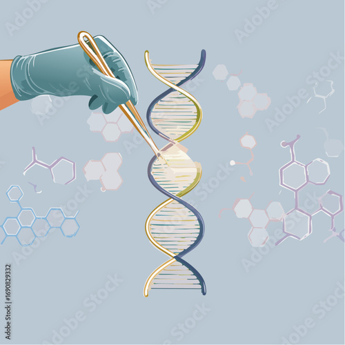 Conceptual illustration of a scientist's gloved hand performing gene editing or DNA repair on a double helix, representing biotechnology and genetic engineering
