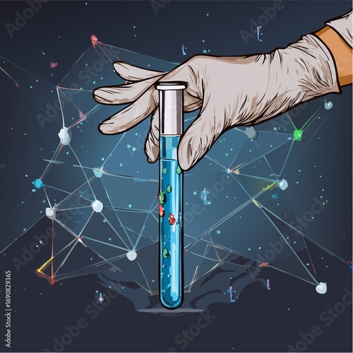 Conceptual illustration of biotechnology research showing a gloved hand holding a test tube with a new substance against a complex molecular network