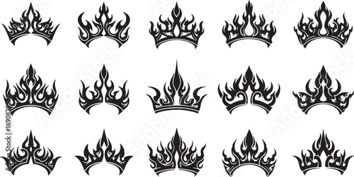 Collection of ornate crown illustrations in a black and white, tattoo style