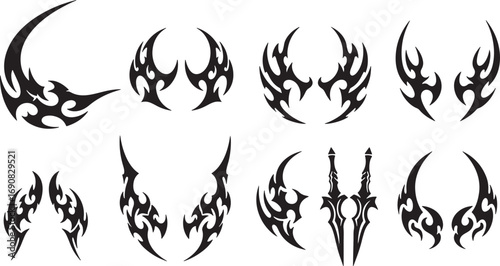 Vector illustration set of various black tribal tattoo designs. Abstract symmetrical patterns for body art, decals, or creative graphic design elements