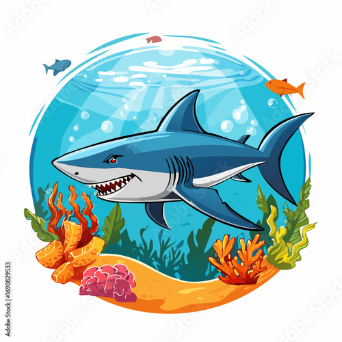 Captivating cartoon illustration of a powerful blue shark majestically swimming through a vibrant underwater coral reef ecosystem, illuminated by rays of sunlight in a serene ocean environment