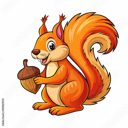 Cute cartoon squirrel with a fluffy tail holding a large acorn. Vector illustration of a friendly forest animal character isolated on a white background