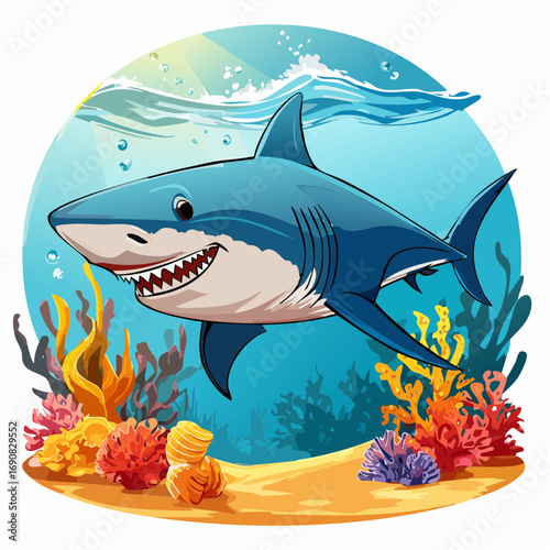 A cheerful and friendly cartoon shark grinning while swimming in a vibrant underwater world with colorful coral reefs and a sunny sea surface