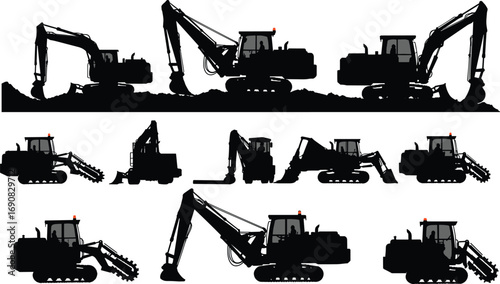 Heavy construction equipment silhouettes, excavators, trenchers, crawler dozers, backhoe loaders, industrial digging machines, black vector illustration, isolated set, earthmoving, mining, machinery
