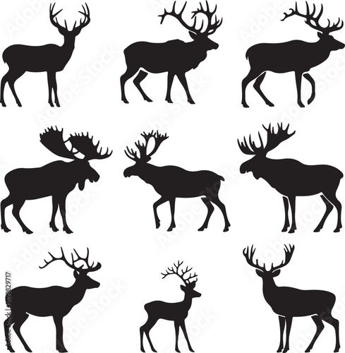 Collection of Deer and Moose Silhouettes in Various Poses Keywords: deer, moose, elk, stag, antler