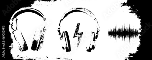 Grunge black and white headphones illustration with sound wave for urban art designs