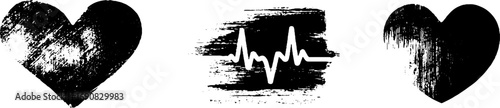 Grunge black and white heart set with ink and brush effects for creative designs
