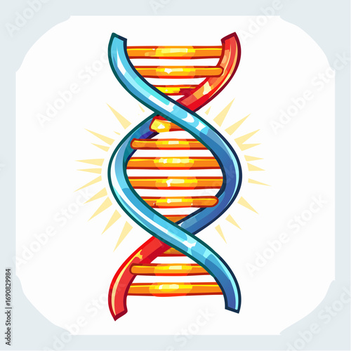 Vibrant cartoon illustration of a glowing DNA double helix, a symbol of genetic code, biology, and scientific research