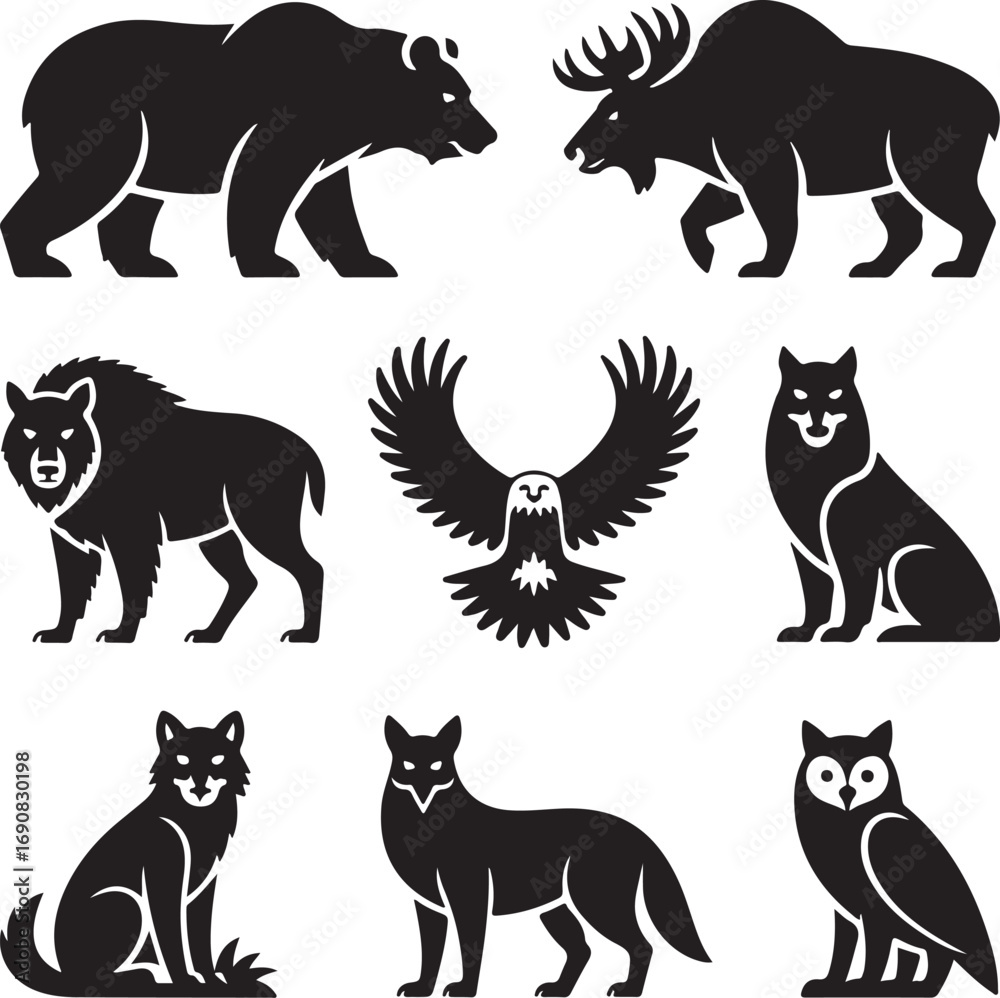 Fototapeta premium Silhouettes of North American Wildlife Animals in Black and White Keywords: animal, silhouette