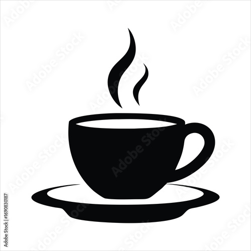 Simple black silhouette of a steaming coffee cup on a saucer