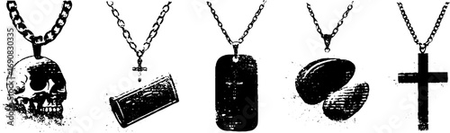 Grunge black and white necklace set with skull, cross, and dog tag for urban fashion design