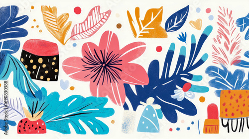 Vibrant and abstract hand-drawn botanical illustration featuring array of stylized colorful plants, exotic leaves, and whimsical decorative elements on clean white background, exuding cheerful modern 