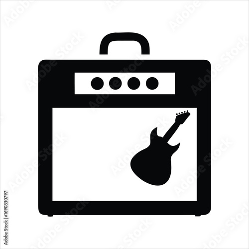 Black silhouette of an electric guitar inside a guitar amplifier icon
