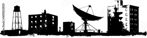 Urban landscape silhouette with high-rise buildings and satellite dish in grunge style