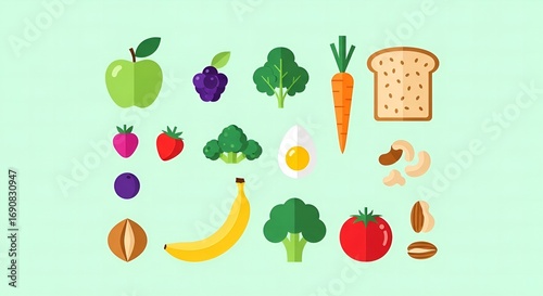 Assortment of fresh fruits vegetables and healthy breakfast foods collection