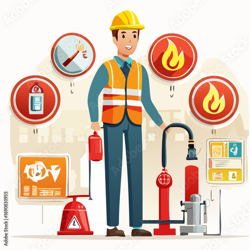 Professional fire safety officer demonstrating crucial prevention equipment, emergency response systems, and hazard awareness for comprehensive workplace protection