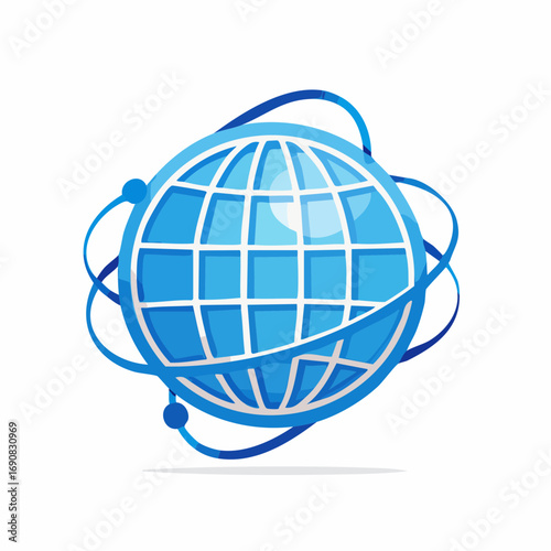 Stylized illustration of a light blue globe with orbiting paths, perfect for tech or global concepts