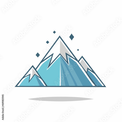 Stylized illustration of a majestic snow-capped mountain range, showcasing serene peaks in a cool blue and white palette, perfect for themes of nature's grandeur and tranquil landscapes