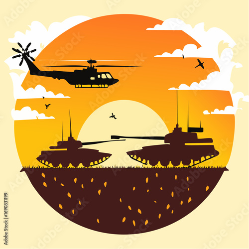 Dramatic silhouetted scene of military tanks locked in a standoff at sunset, with a helicopter overhead, symbolizing global conflict and power struggles