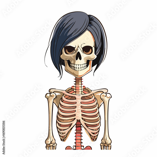 Stylized depiction of a human skeleton with a trendy dark hairstyle, blending anatomical accuracy with a modern, artistic touch for a distinctive visual