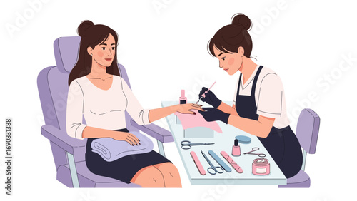 Young woman receiving a professional manicure service from a skilled nail technician in a bright and clean salon environment