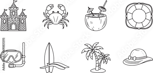Summer Holiday Fun Black and White Vacation Icons for Beach and Travel Themes