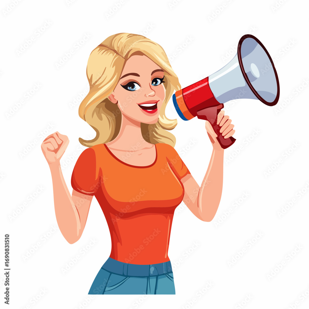 Naklejka premium Energetic cartoon woman with a megaphone shouting an important announcement. Vector illustration of a female activist or speaker for communication concepts