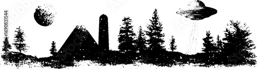 Futuristic landscape with ufo and pyramids in black and white grunge silhouette
