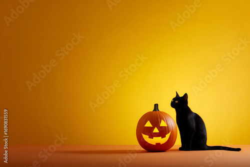 Wallpaper Mural Black Cat with Halloween Pumpkin Against Bright Yellow Background for Spooky Vibe Torontodigital.ca