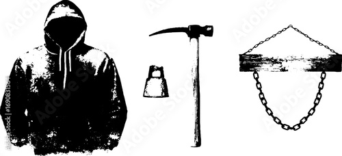 Grunge black and white urban hoodie hammer bell sign design for apparel and decoration
