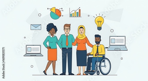 Modern flat line vector illustration of a diverse and inclusive business team collaborating, representing equity in the corporate workplace
