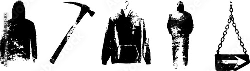 Grunge black and white hoodie and tool silhouette set for urban apparel design