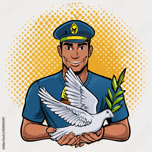 Smiling uniformed figure cradles a white dove and olive branch, embodying peace, hope, and security. A vibrant illustration promoting global unity and protection with a friendly demeanor
