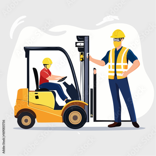 Construction Worker Operating Forklift Truck in Warehouse Environment, Safety Equipment