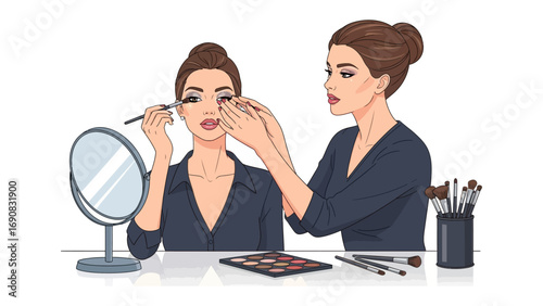 Professional makeup artist applying eye makeup to a client in a salon or studio with a mirror and makeup tools